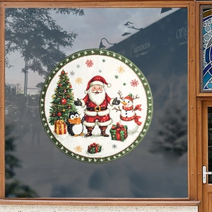 Christmas Santa Claus static window cling featuring snowman and penguin for home decor