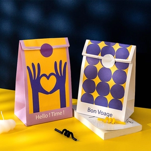Retro oil painting style gift bags with heart and polka dot patterns on a bold blue background