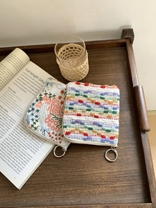 Mini cotton linen embroidered pouch with colorful woven patterns and ring zipper