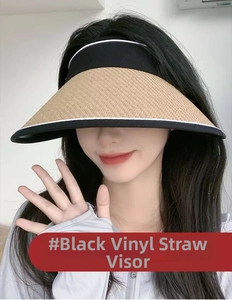 Detail of straw sun visor for women with UV-protective black glue coating and wide brim