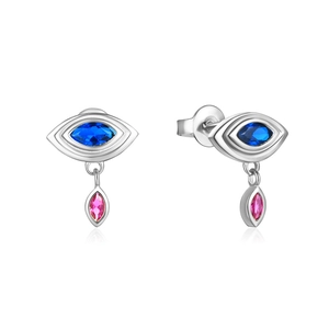 Close-up of S925 silver earrings with blue and pink marquise stones in eye-shaped design
