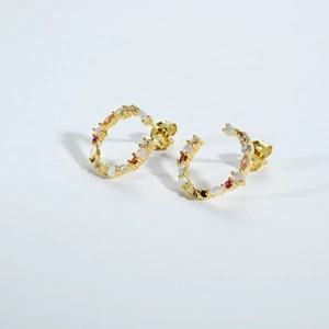 French style 925 silver C-shape earrings with colorful zircon and opal in gold plating