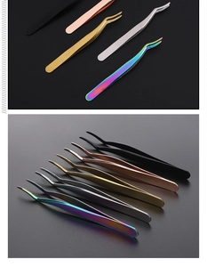 Close-up of stainless steel eyelash tweezers in black, rose gold, gold, silver, and rainbow