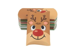 Detail of Christmas reindeer kraft paper pillow boxes with festive cartoon design