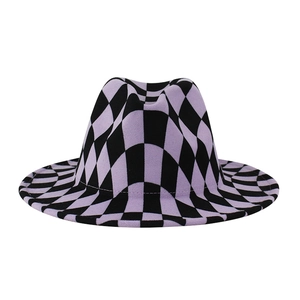 Classic wide brim fedora hat with purple and black checkerboard pattern in felt texture