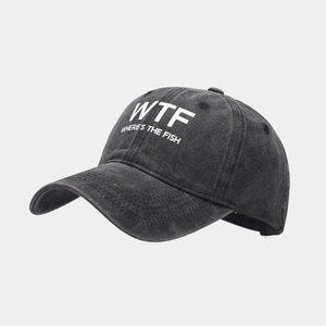 Detail of vintage washed grey baseball cap with white WTF embroidery and distressed texture