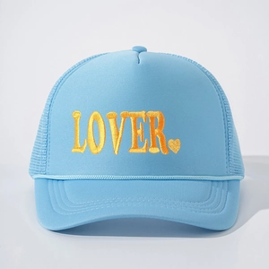 Sky blue trucker hat with LOVER embroidery and yellow heart on a mesh adjustable cap