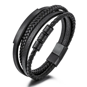Close-up of black multilayer braided leather strands with polished stainless steel clasp