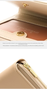 Close-up of beige leather wallet featuring premium gold snap button and zipper hardware
