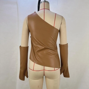 Rear view of brown PU leather off-shoulder top with matching long sleeves on mannequin