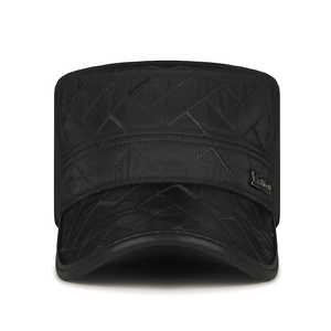 Men's winter quilted flat top military cap with ear protection and silver metal logo