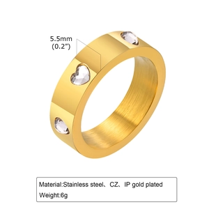 Gold stainless steel ring with six heart-shaped CZ stones and 5.5mm width detail