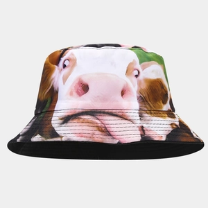 Detail of double-sided bucket hat with realistic cow print and reinforced brim stitching