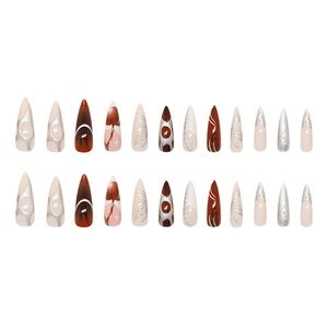 24-piece set of stiletto press-on nails with brown marble and silver metallic stripes