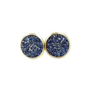 12mm golden stainless steel stud earrings featuring sparkling blue resin druzy textures