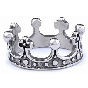 Vintage oxidized stainless steel crown ring with cross motif for men in retro silver finish