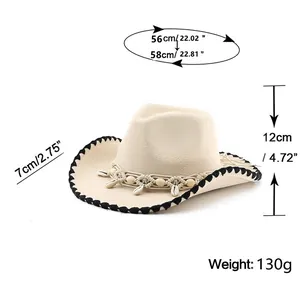 Detailed size chart for the off-white Western cowboy hat with shell beaded band