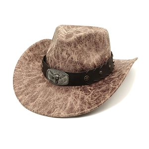 Western Cowboy Hat Distressed Faux Leather Wide Brim Bull Head Buckle Star Rivets Retro Outdoor Unisex Fedora Jazz Hat