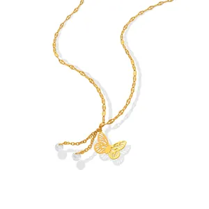 Butterfly Pendant Necklace 18K Gold Plated Titanium Steel Zircon Tassel Artistic Sweet Jewelry For Women