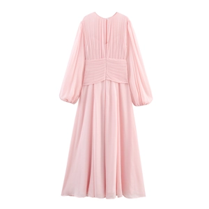 Elegant pink pleated chiffon maxi dress with lantern sleeves and a cinched waist design