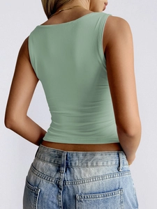 Rear view of mint green slim fit sleeveless tank top showing fabric texture and soft cotton blend