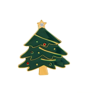 Charming Christmas tree brooch with green enamel, gold alloy base and sparkling rhinestones