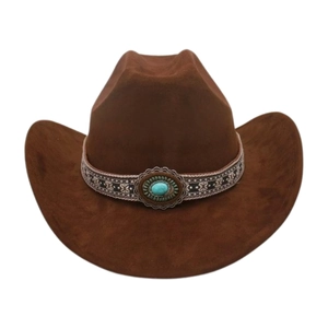 Detail of western cowboy hat featuring ethnic woven band and turquoise stone embellishment