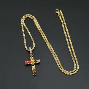 Hip hop gold twist chain necklace with sparkling colorful rhinestone cross pendant