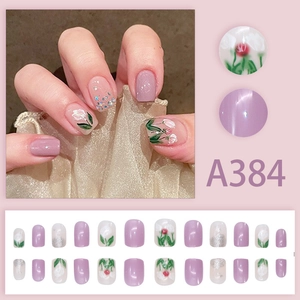 Short square lavender press-on nails with tulip hand-painted art and silver glitter set