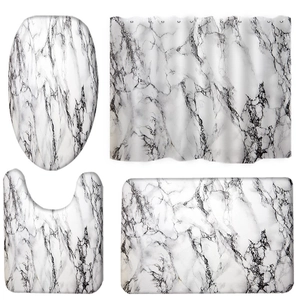4-piece bathroom set with white marble pattern shower curtain and non-slip rugs