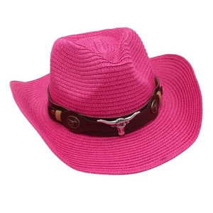 Detailed view of pink western straw cowboy hat with metallic longhorn ornament.