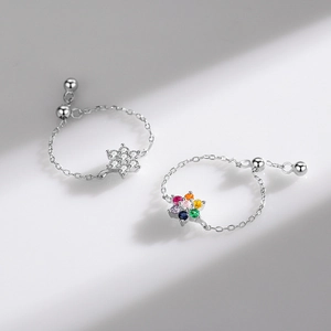 Adjustable S925 silver flower ring with colorful cubic zirconia and sliding chain clasp