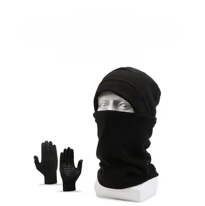 Three-piece winter tactical set including black fleece beanie, neck gaiter, and gloves