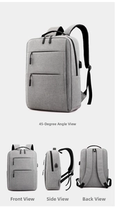 Multi-angle views of grey USB business backpack showing front, side, and back features
