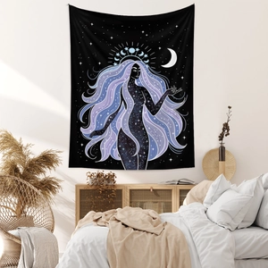 Detailed starry goddess tapestry with crescent moon and stars hanging in bedroom