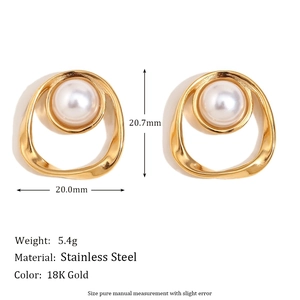 Vintage 18K gold plated stainless steel irregular hoop earrings with faux pearl center