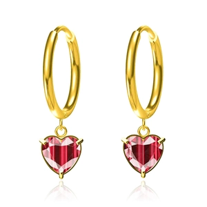 Elegant gold heart earrings with red zircon stones shown in a symmetric front view