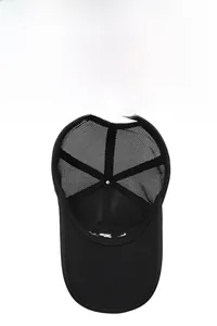 Detail of the breathable mesh structure and six-panel stitching on the black fishing cap