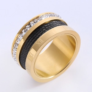 Gold stainless steel ring with black steel cable, Roman numerals, and cubic zirconia