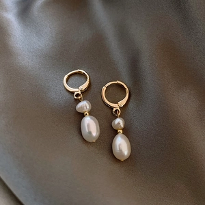 French baroque gold pearl hoop earrings for women with white teardrop freshwater pearls