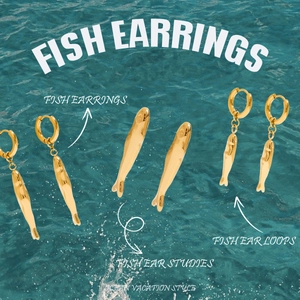 Golden fish earrings in hoop and stud styles over a sparkling blue ocean background