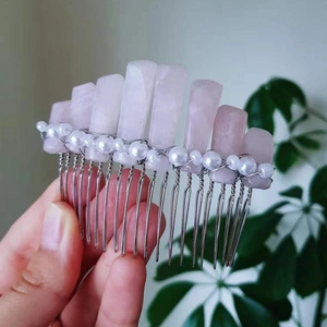 Handmade pink crystal and pearl crown hair comb with wire wrapped natural stone details