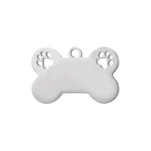 Polished silver bone-shaped metal pet tag with hollow dog paw cutout designs