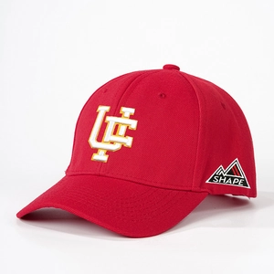 Red cotton baseball cap featuring yellow UF embroidery and IN SHAPE mountain side patch