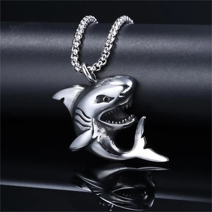 Mens stainless steel shark pendant necklace with thick square box chain in silver finish