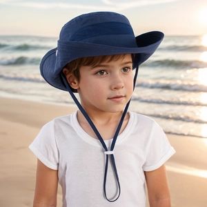 Close-up of kids navy sun hat with breathable mesh and adjustable windproof strap