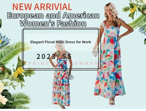 Detail of multi-layered floral maxi dress showing thin straps and tiered chiffon skirt hem