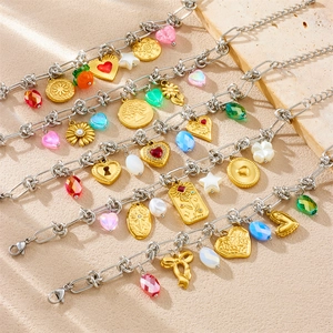 Stainless Steel Multi Pendant Bracelet Colorful Heart Star Flower Sun Coin Pendants Bohemian Y2K Style Jewelry Women