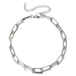 Classic silver paperclip chain necklace with adjustable lobster clasp on white background