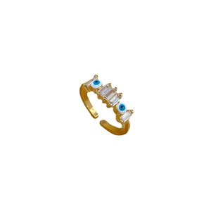 Gold plated open eye ring with cubic zirconia and blue enamel devil eye motif